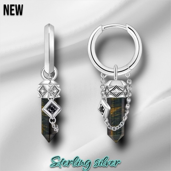 New .925 Sterling Silver Tiger's Eye Stone Hoop Earrings - Picture 1 of 6